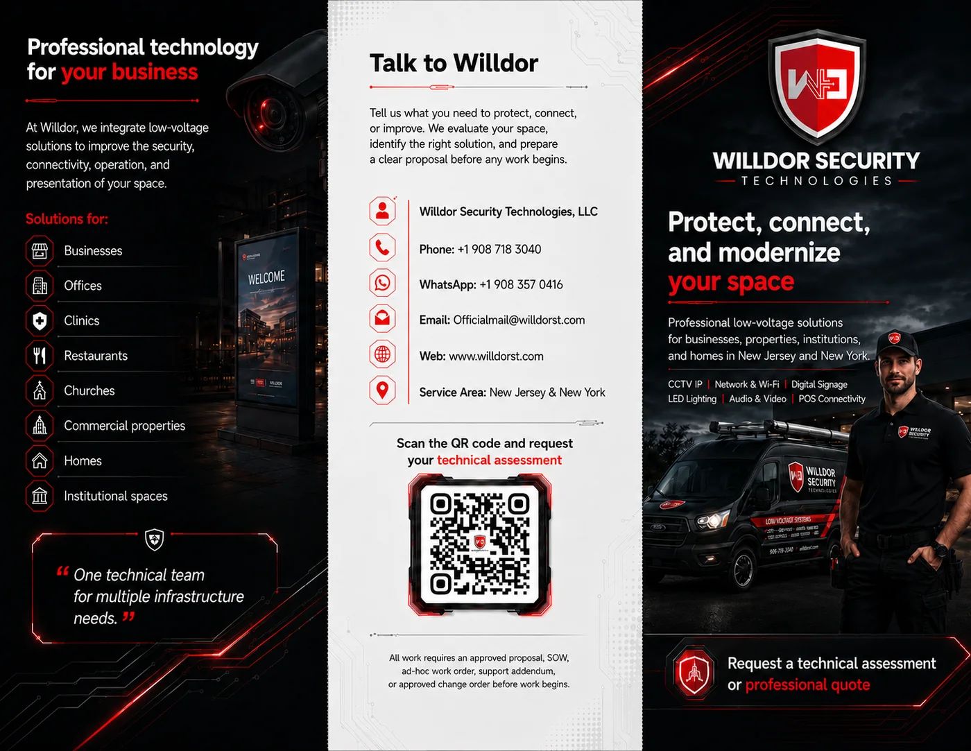Willdor services overview with CCTV, networks, signage, LED, audio/video and POS services