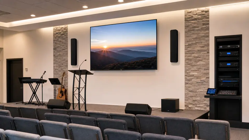 Church or community room AV system with display, speakers and rack