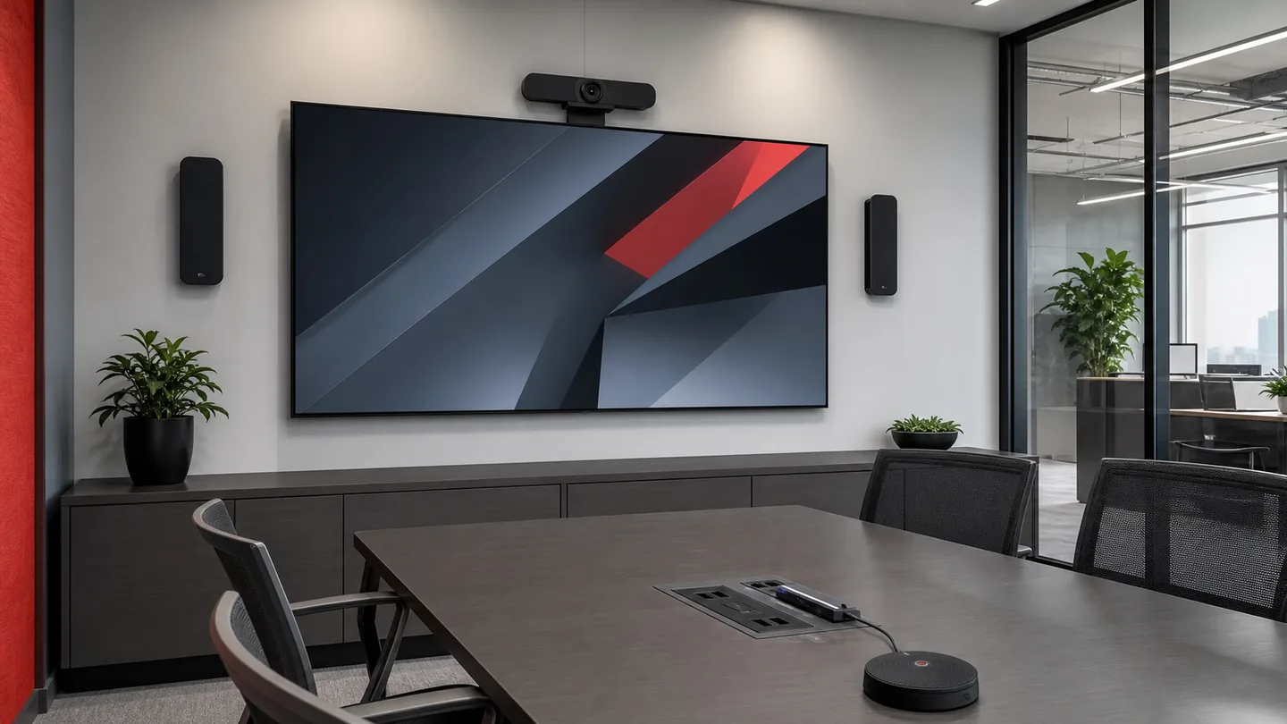 Meeting room with display, speakers, camera and clean AV connectivity