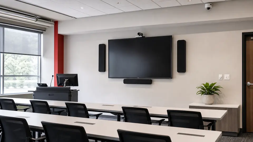 Institutional training room with display, speakers and meeting camera