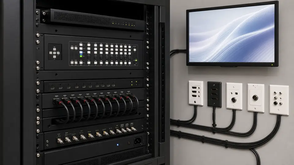 AV rack with video distribution, connection plates and organized signal routes