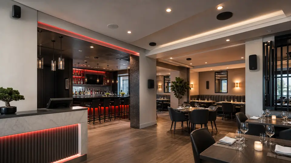 Modern restaurant with zoned audio, screens and distributed speakers