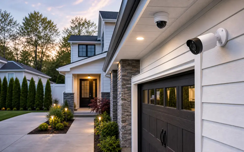 Residential security camera covering entry, garage and driveway
