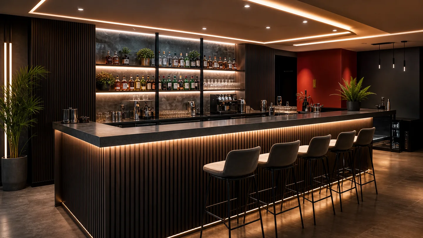 Commercial restaurant bar with low-voltage LED accent lighting