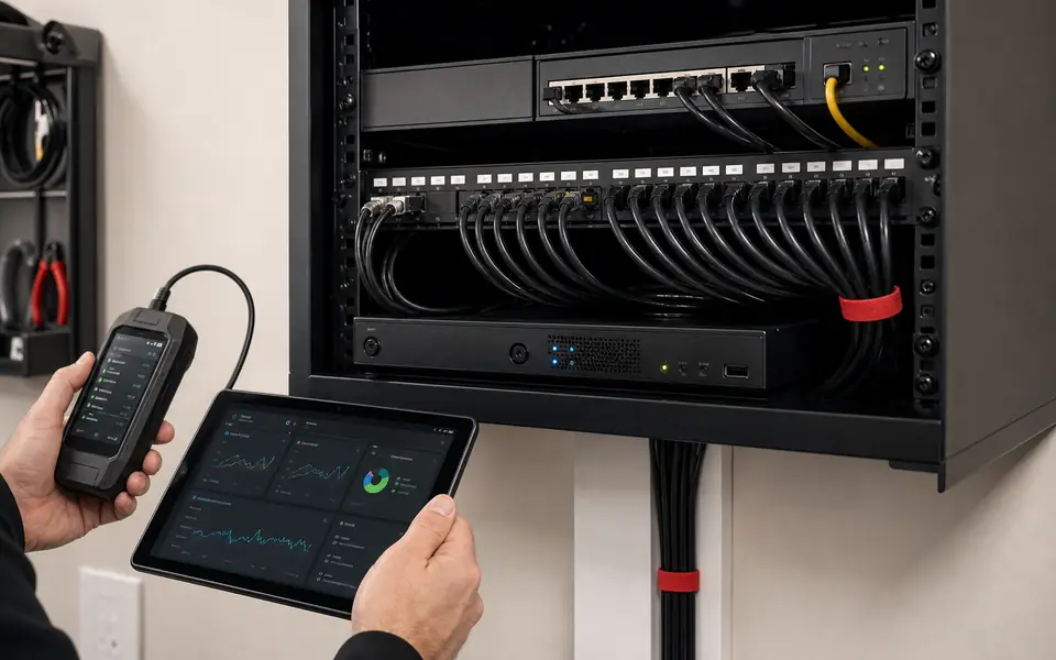 Diagnostics for organized network rack, switches and cabling