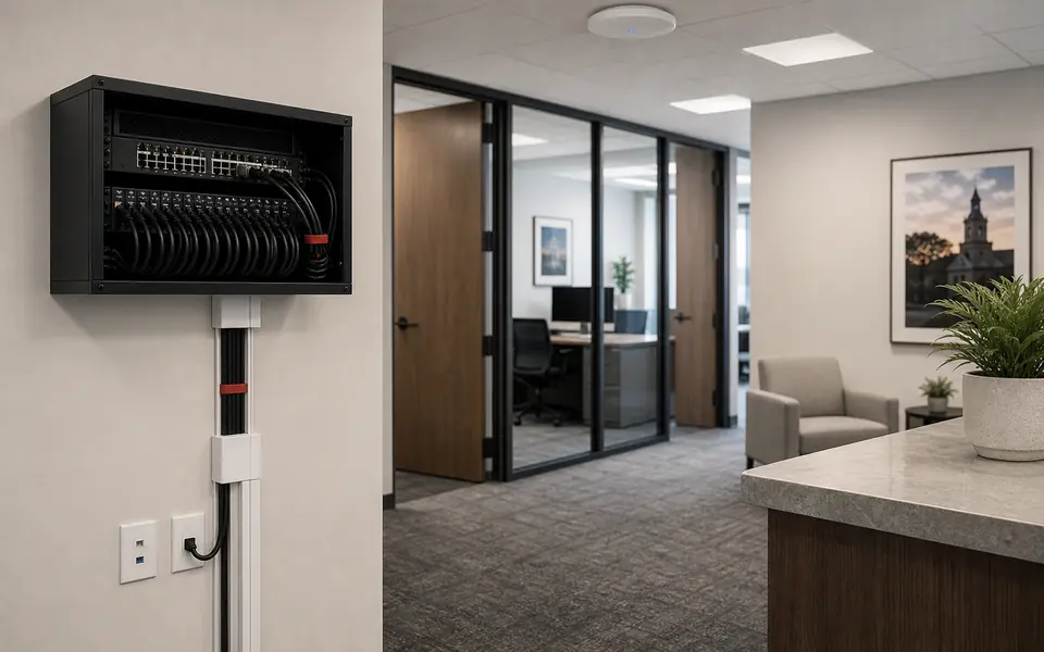 Access point and network cabinet in a clean professional office