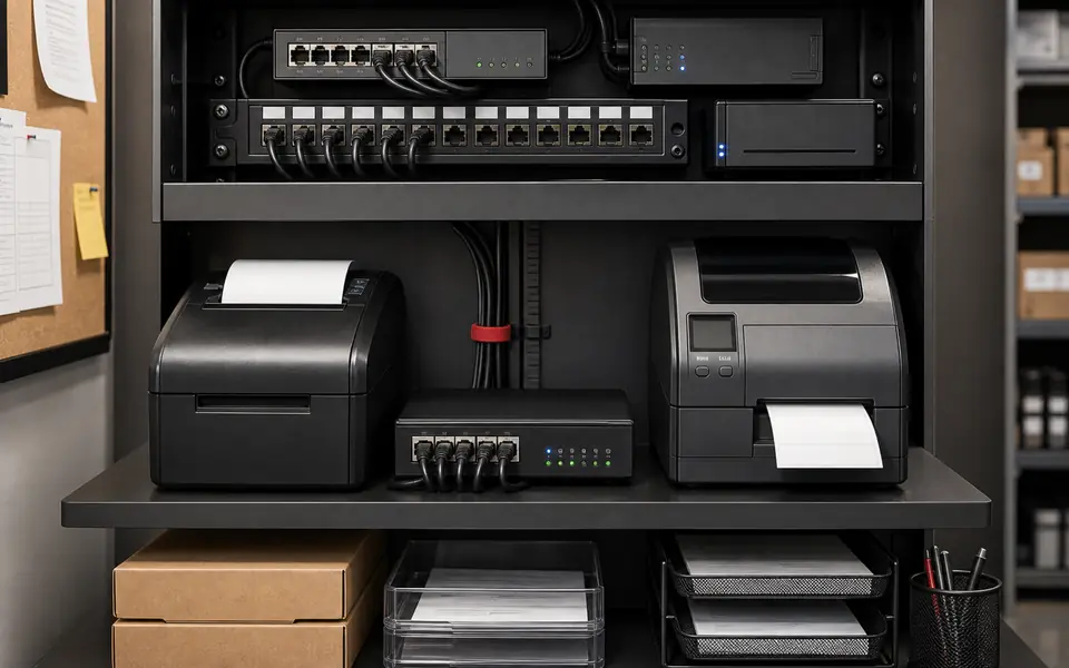 Back office with printers, compact switch and organized low-voltage cabling