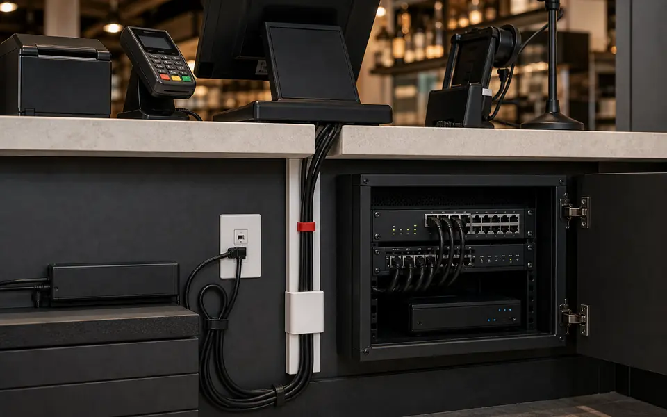 Under-counter POS connectivity routed to a small network cabinet