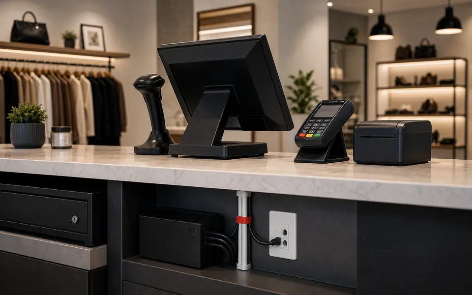 Retail checkout area with POS, scanner, payment device and clean cable routes