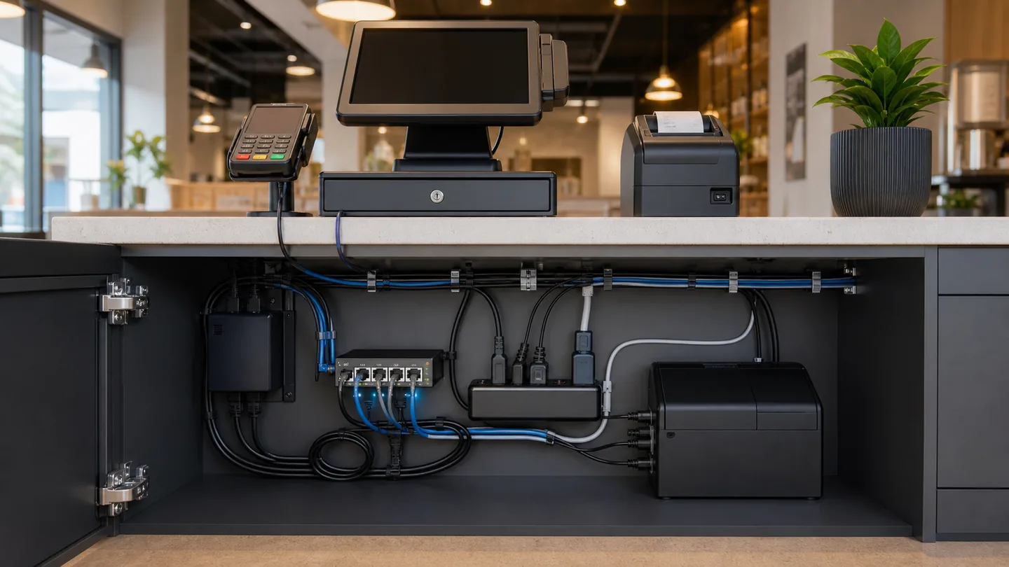 Organized under-counter POS connectivity with compact switch and device cabling