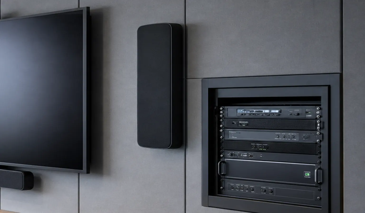 Detail of display, speaker and equipment rack for audio and video support
