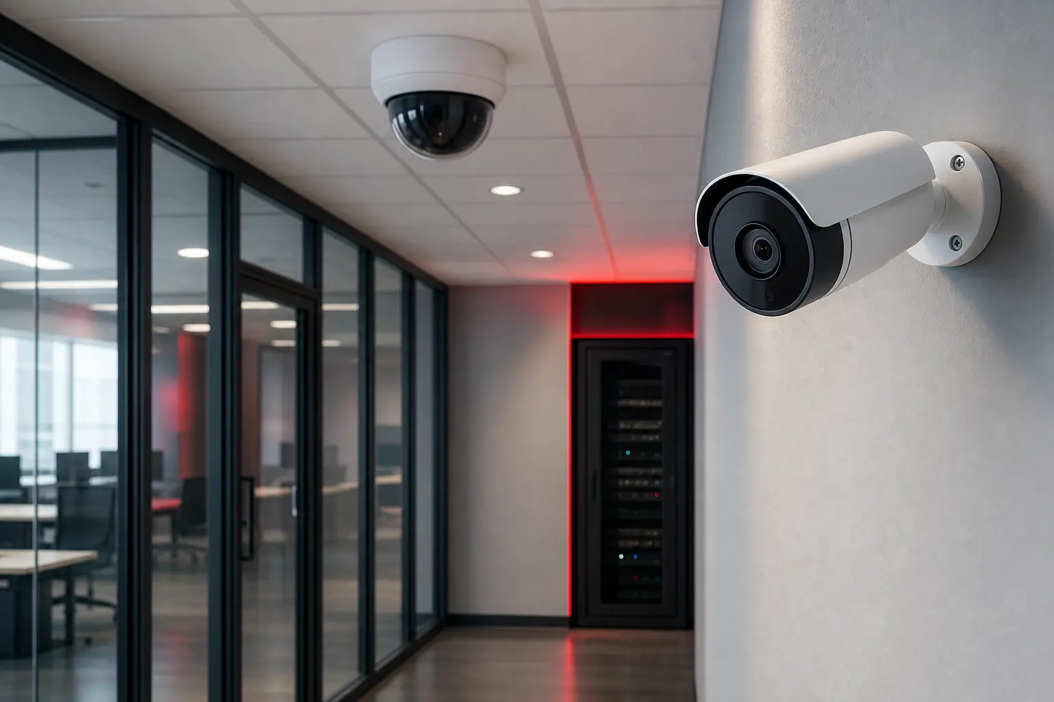 IP surveillance cameras in a modern commercial corridor
