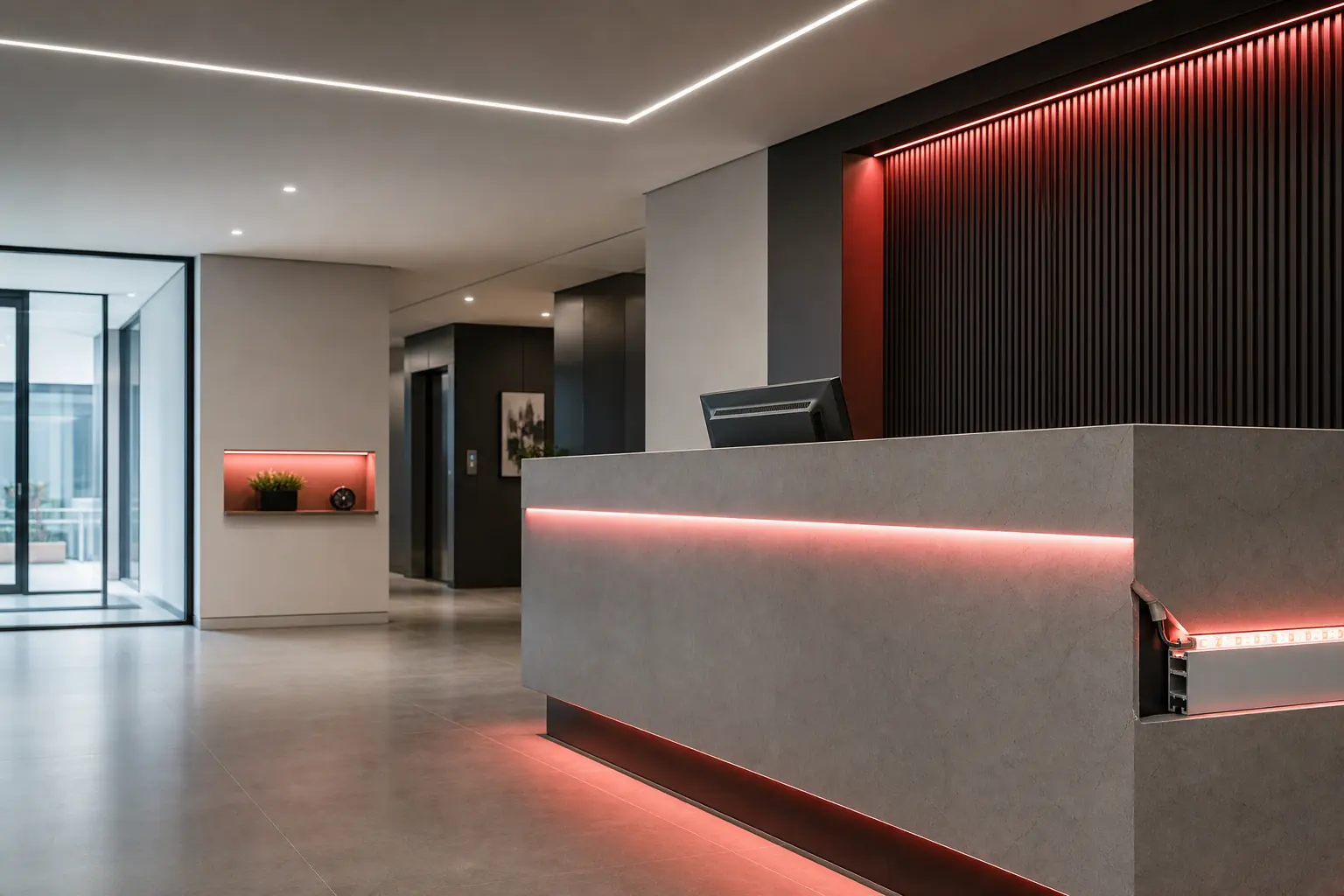 Low-voltage LED accent lighting in a modern lobby