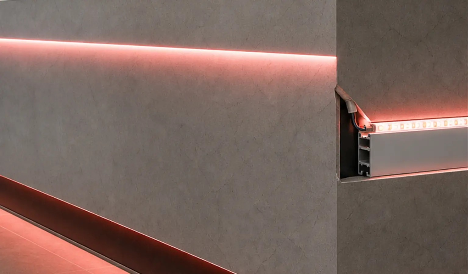 Detail of a low-voltage LED strip, profile and connections for support review