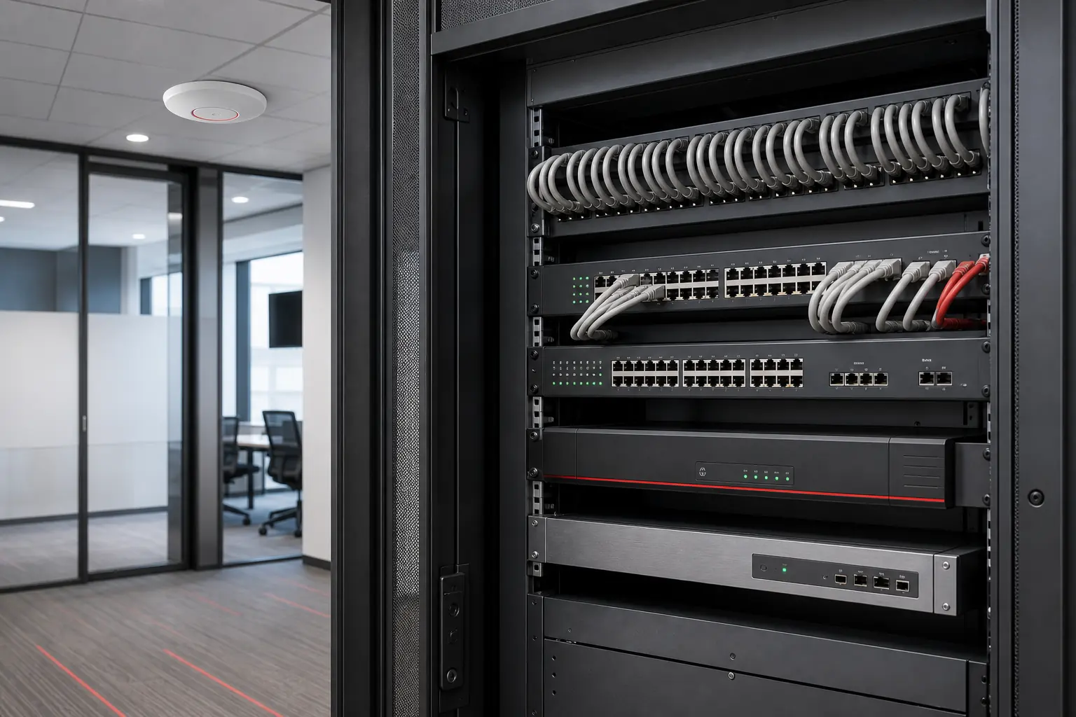 Clean network rack and Wi-Fi access point in a modern office