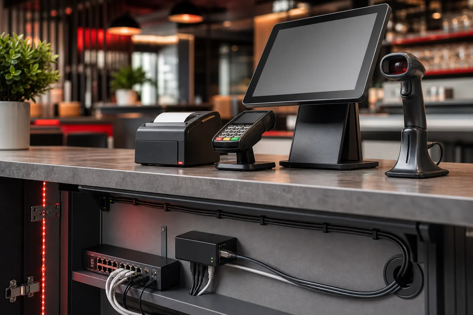 POS terminal and clean device connectivity under a counter