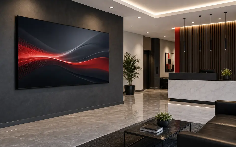 Commercial display in a modern lobby with abstract non-readable content