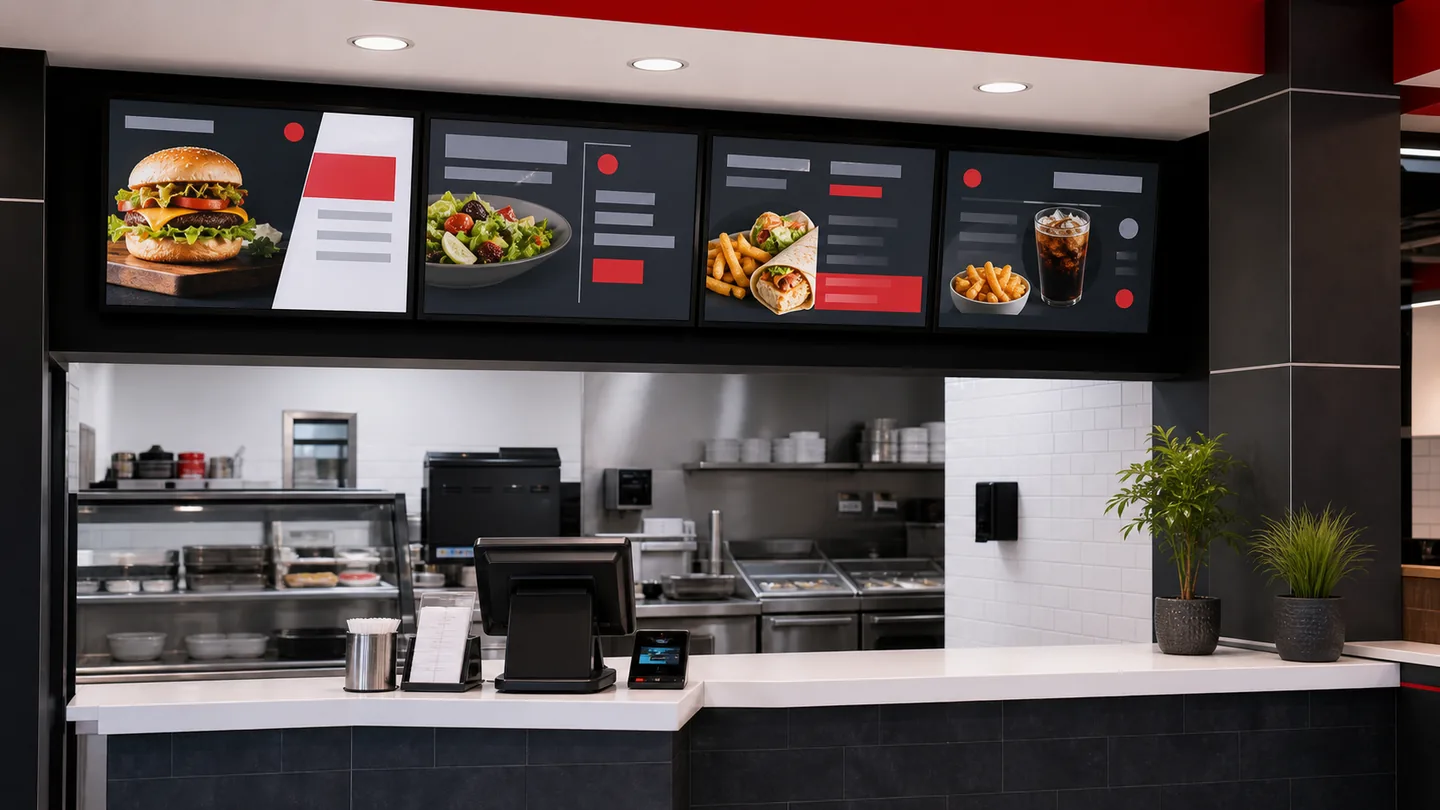 Customer-facing digital menu screens in a restaurant counter area