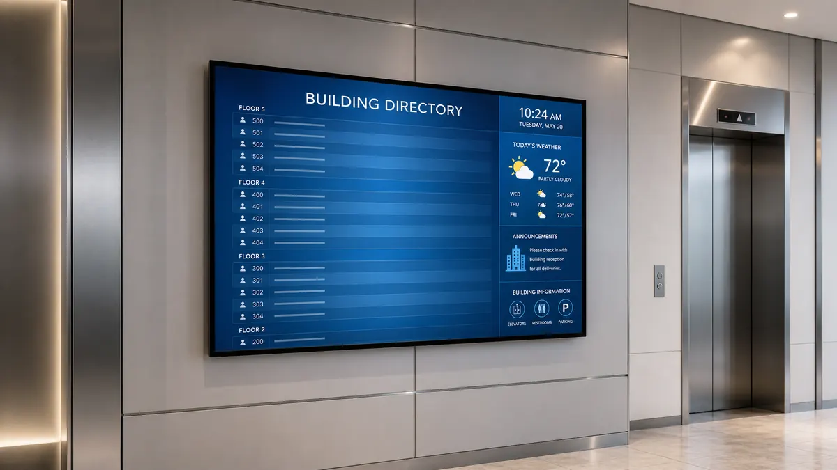 Complete digital signage display in a professional lobby with clean installation
