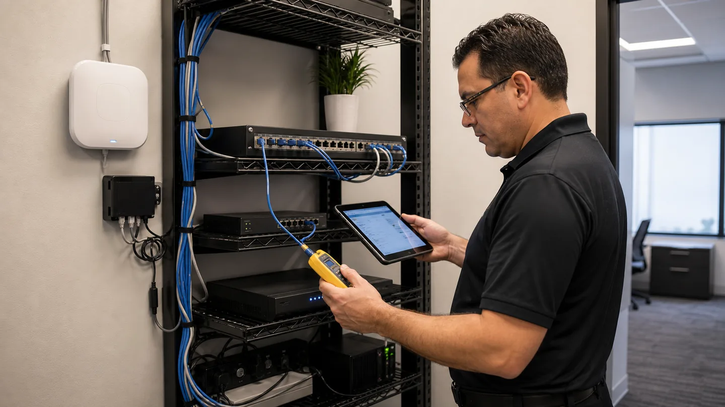 Technician checking low-voltage equipment during a field support visit