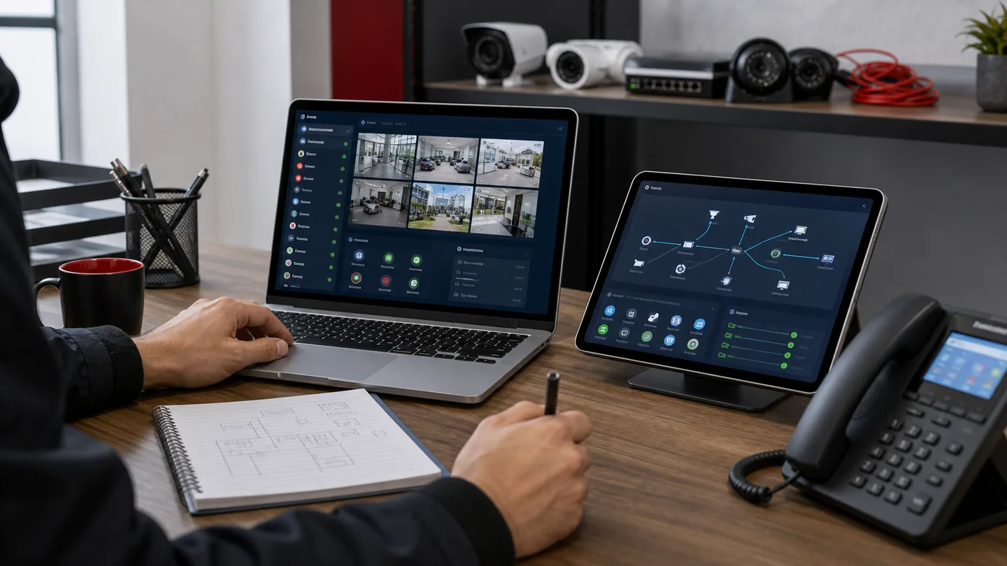 Remote support workstation reviewing CCTV and network status